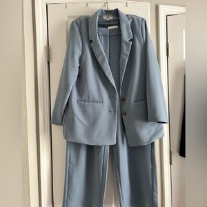 Oversized Light Blue Women’s Two-Piece Suit Blazer & Wide Leg Pants